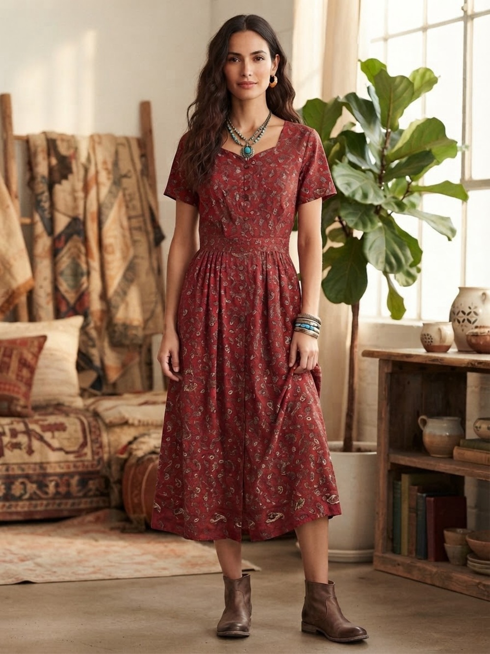 Erika Rust Paisley Button-Front Midi Dress